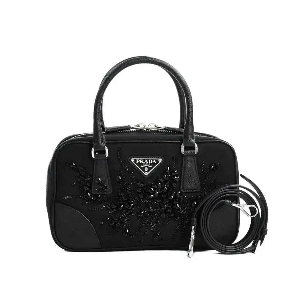 Prada Crystal Embellished Tessuto 2Way Bag Black